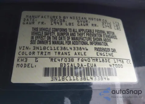 2008 Nissan Versa 1.8S from USA, damaged, VIN 3N1BC11E38L433846